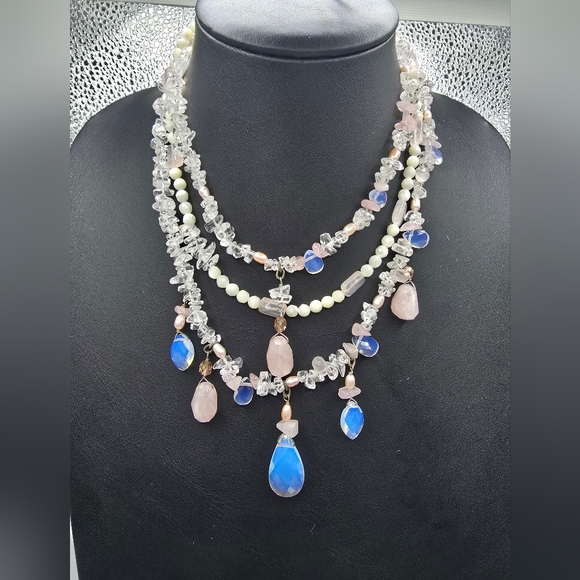 Maya Evangalista Pink & Clear Quartz Multi Layered Necklace - Picture 1 of 12